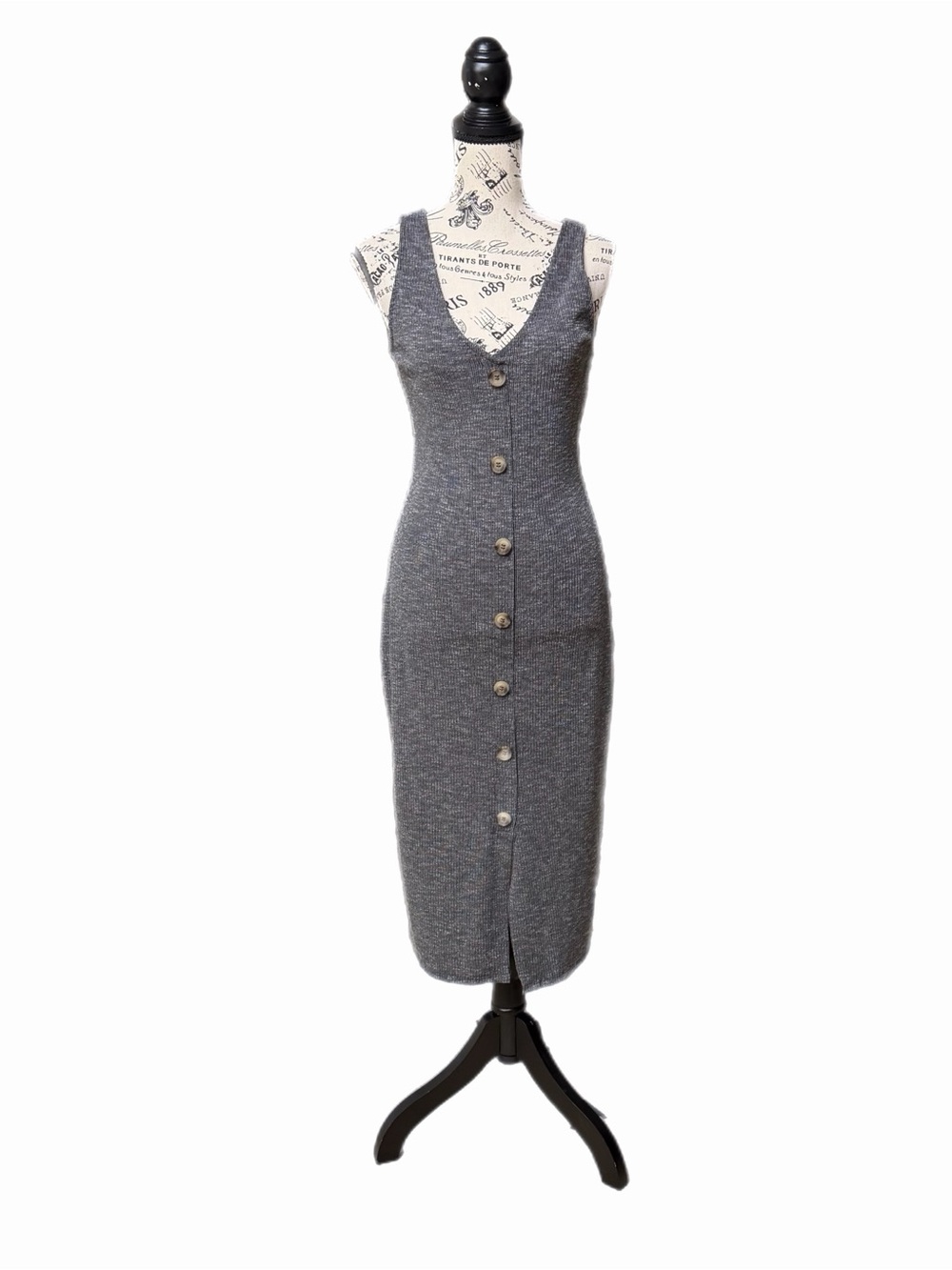 NWT Blue Pepper Womens Charcoal Button Rib Knit Sleeveless Midi Bodycon Dress M